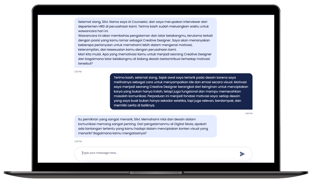 Ikuti simulasi wawancara sesuai posisi yang dipilih.
